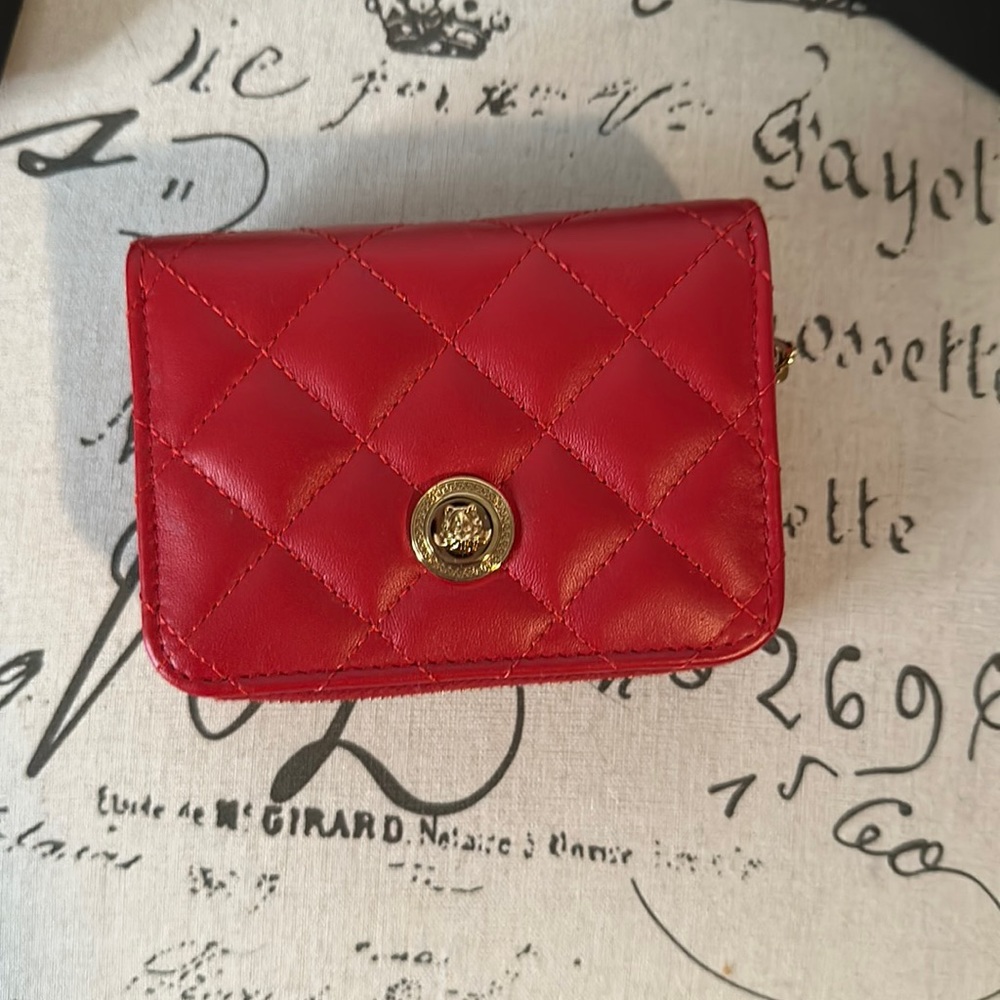 Versace Red Quilted Leather Card Wallet with Gold Medallion